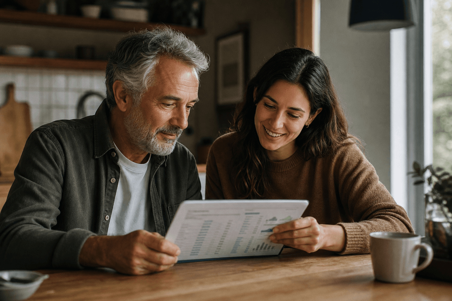 Father and adult child reviewing health results together