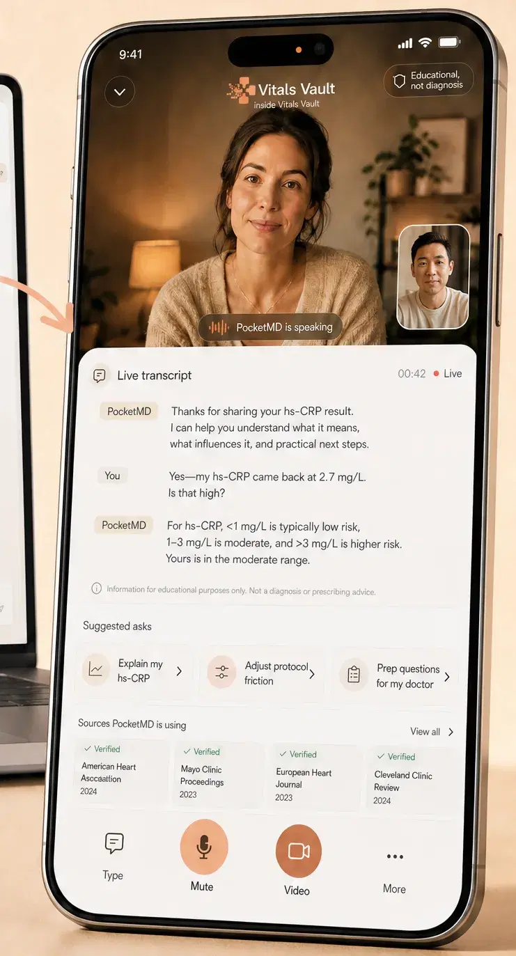 Phone on a PocketMD call with a live transcript of a lab question