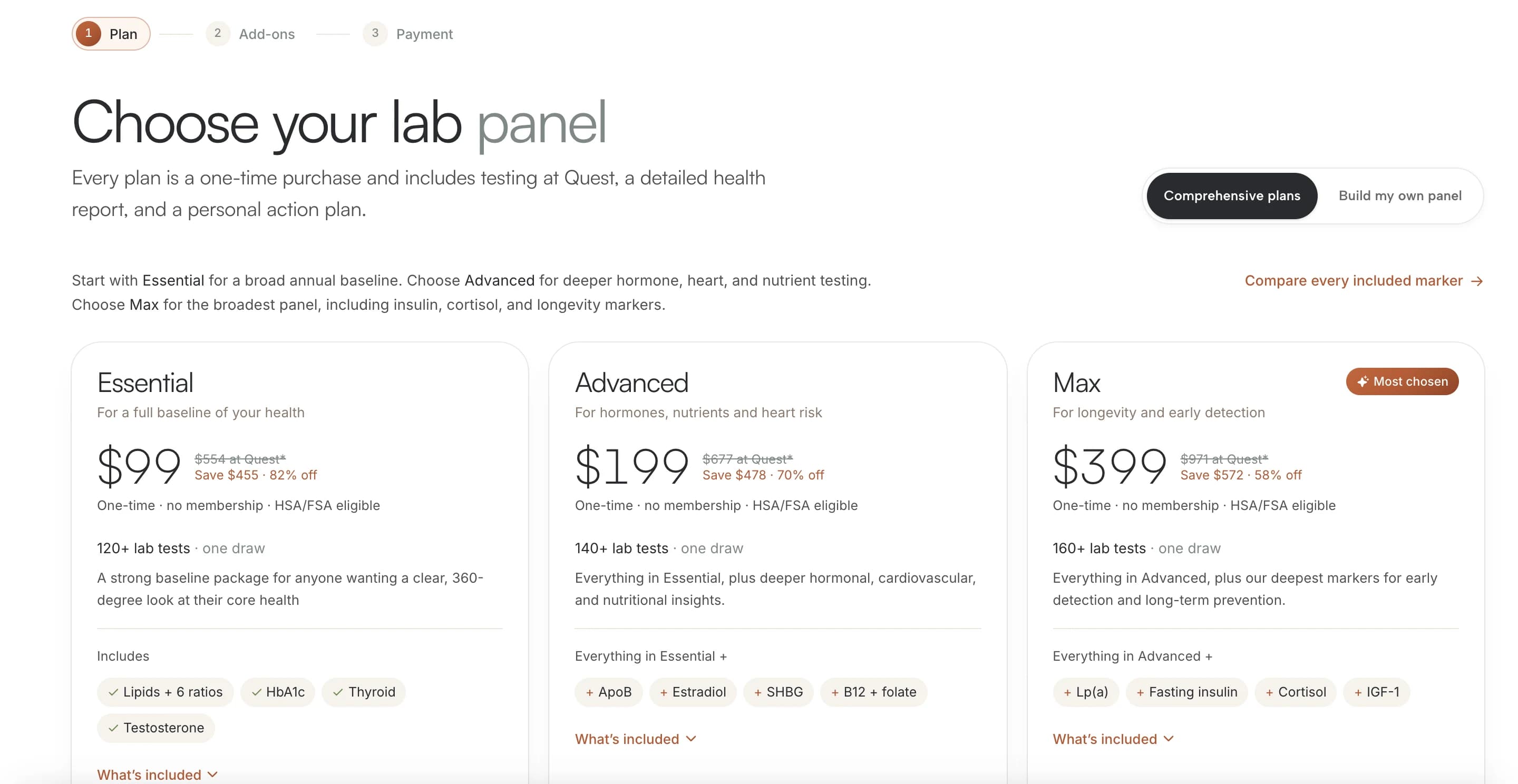 Vitals Vault lab panel selection with Essential, Advanced, and Max packages