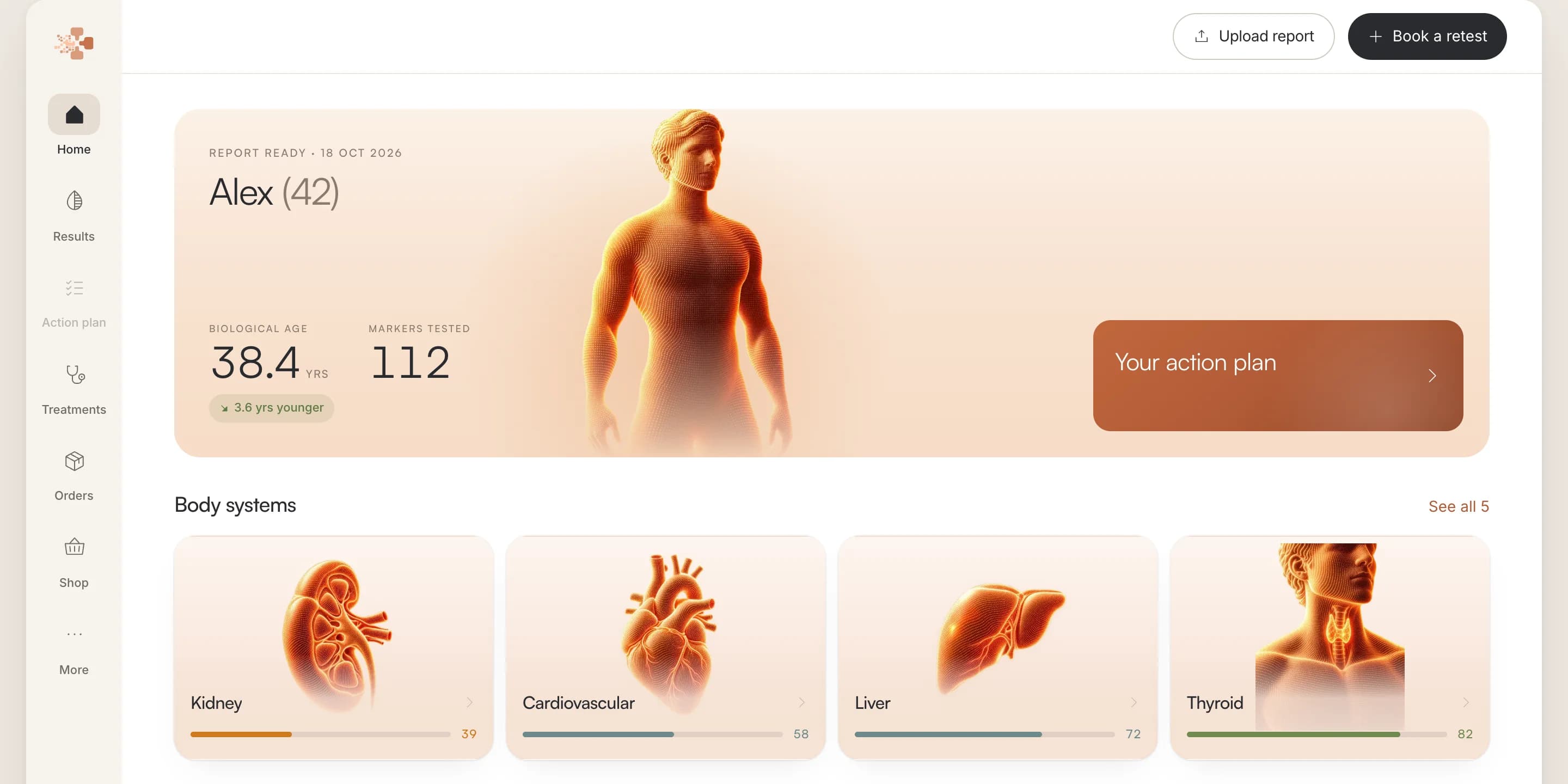 Vitals Vault Home with sample data: biological age, markers tested, action plan, and body-system scores