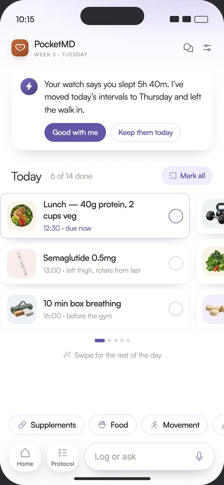 PocketMD's day view with a nudge and today's plan (sample)