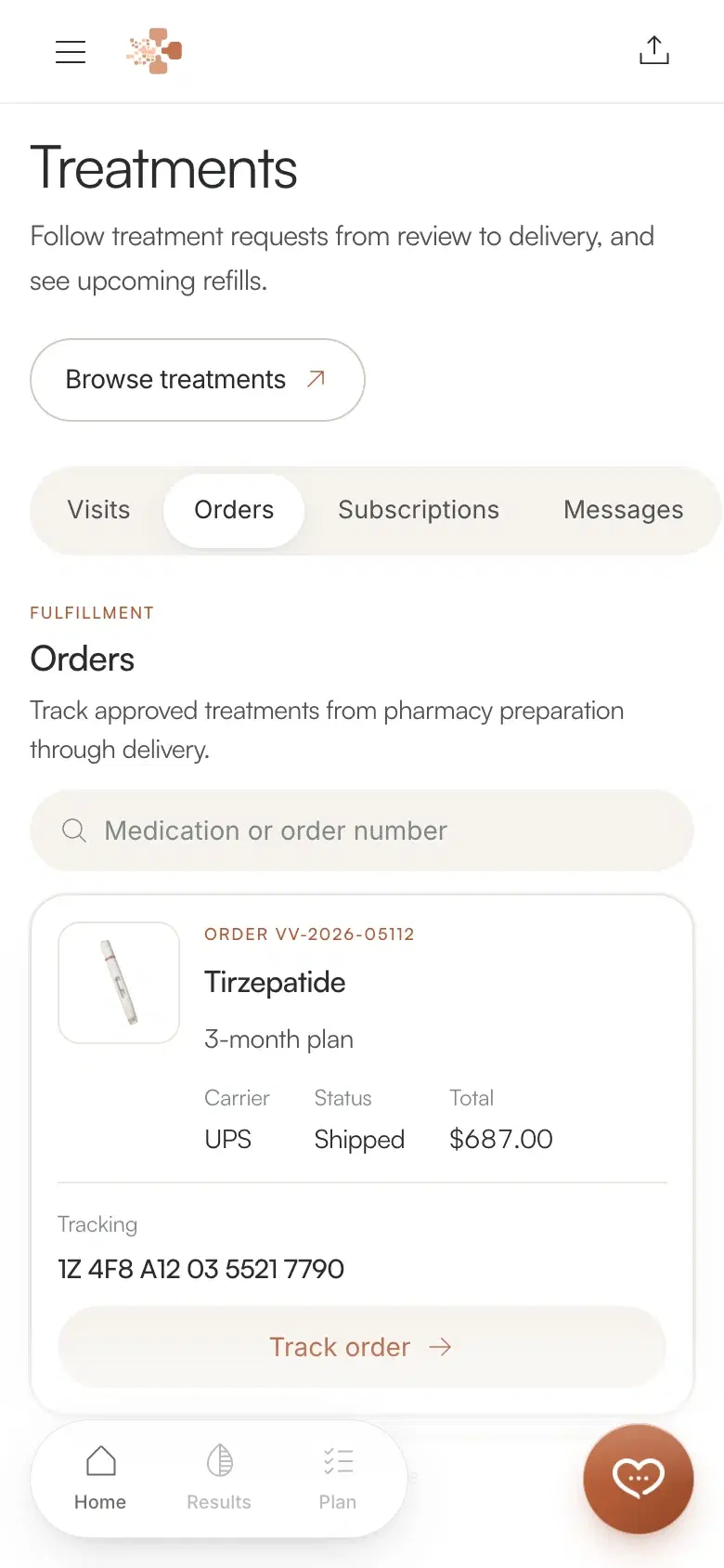 Vitals Vault treatments screen showing an order being tracked