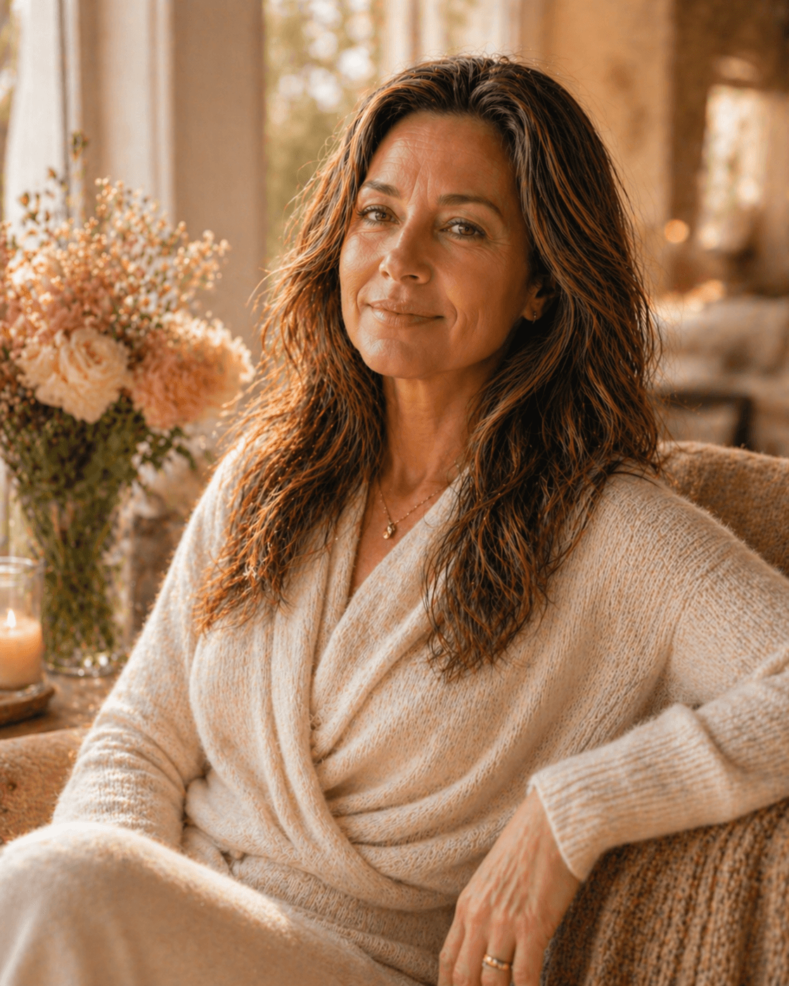 A mother in a cream sweater, candid editorial portrait
