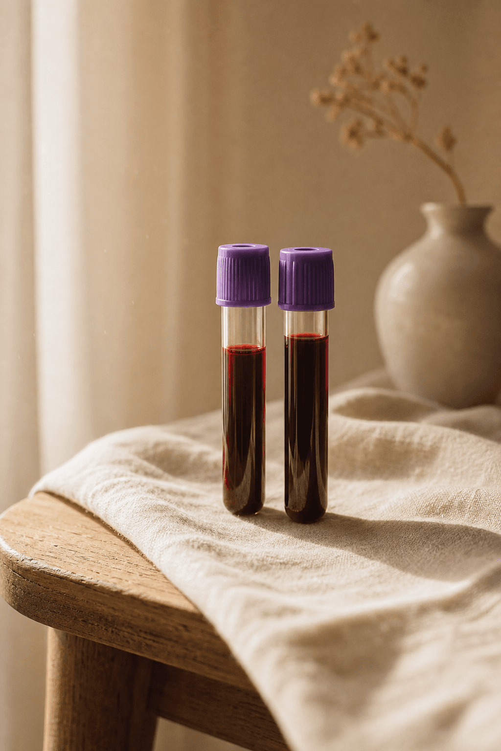 Two purple-cap blood collection tubes resting in soft window light
