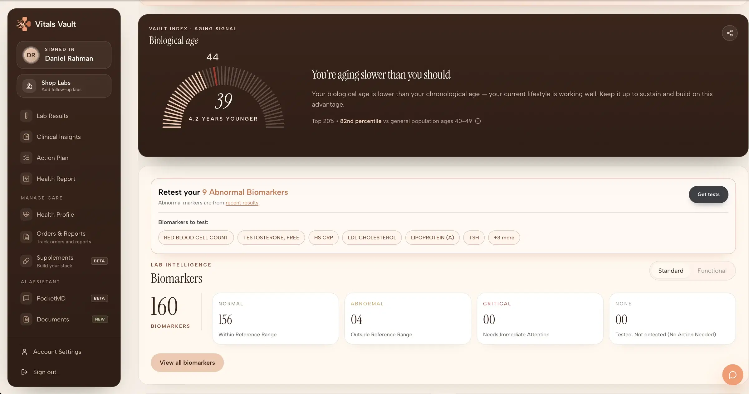Vitals Vault dashboard with biological age, health score, and biomarker overview