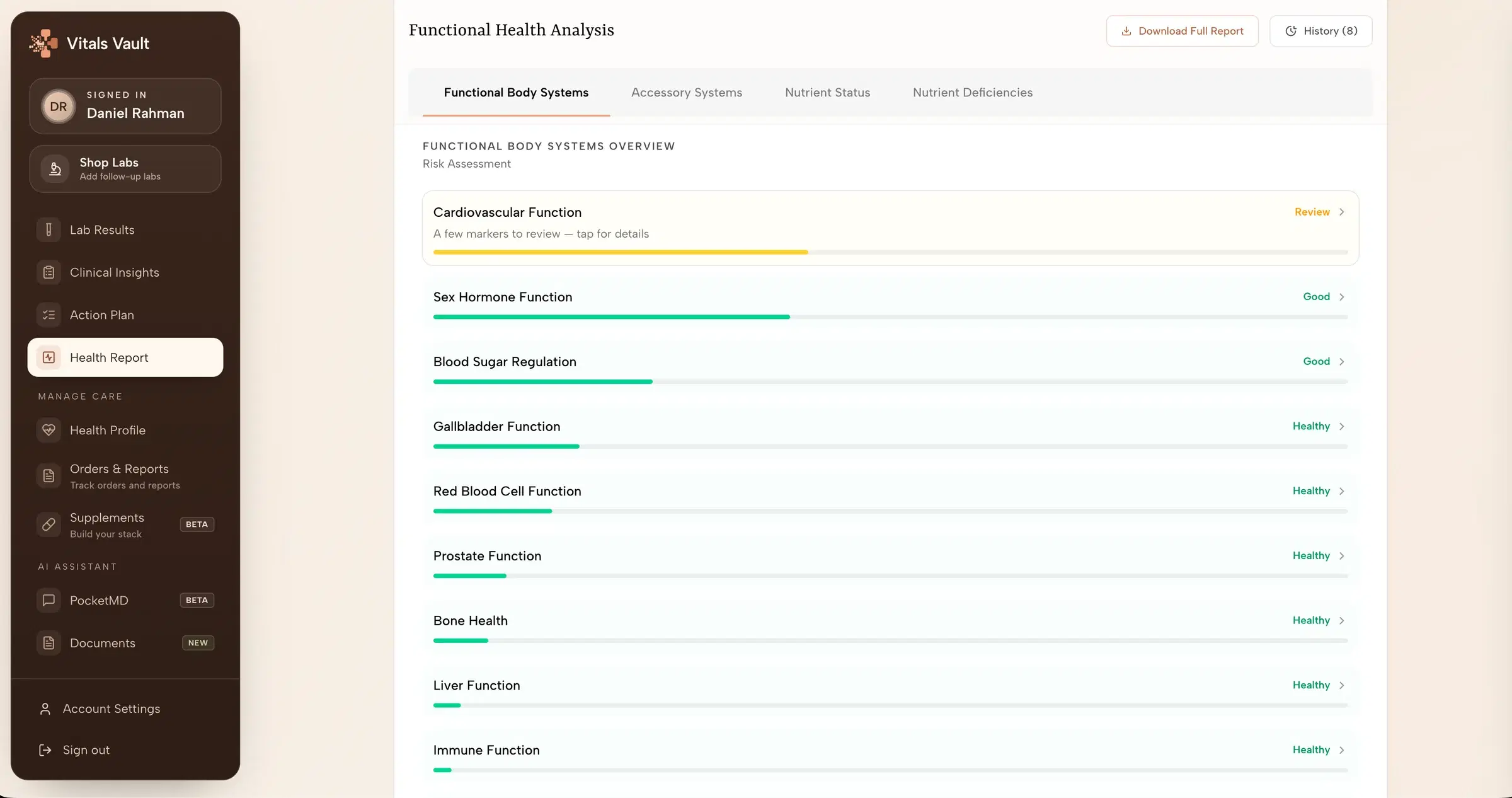 Vitals Vault functional body-systems report with thirteen system assessments