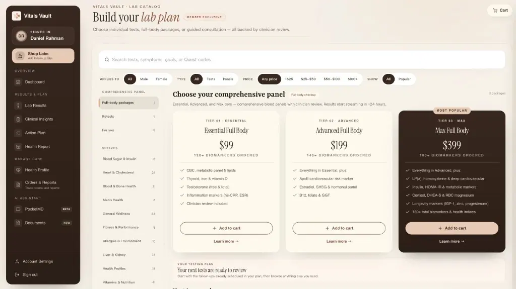 Vitals Vault Shop Labs catalog with Essential, Advanced, and Max full-body packages