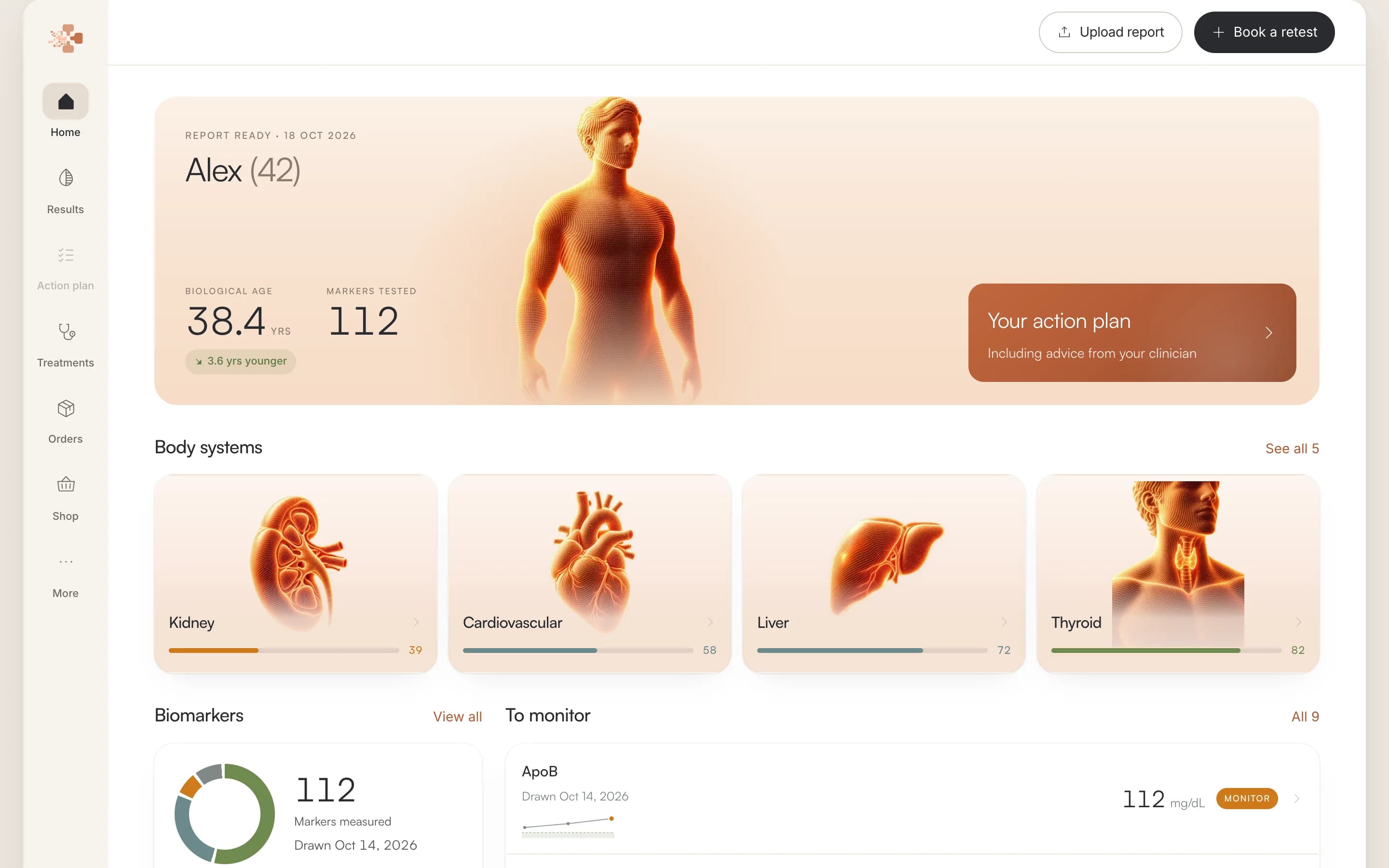 Vitals Vault dashboard showing biological age and a biomarker overview