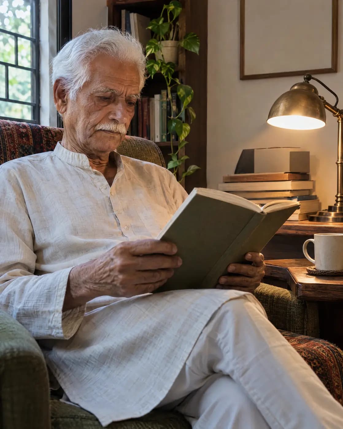 A South Asian man, 68, slender, full white hair, white moustache, kurta-collar shirt reads in a lamp-lit nook