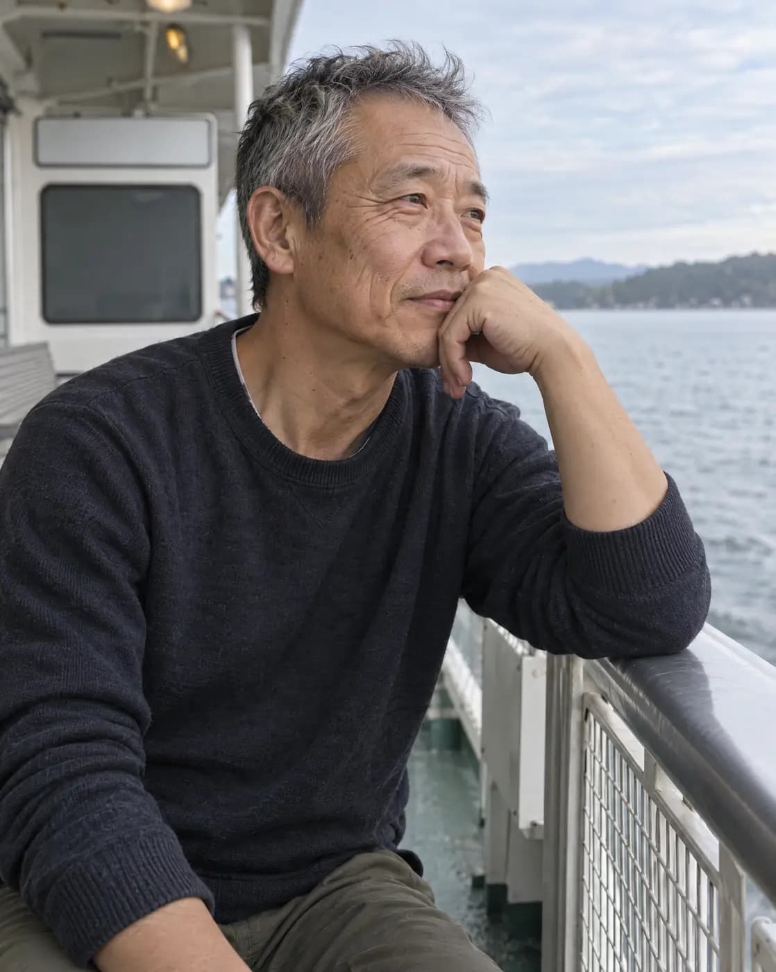 An East Asian man, 55, wiry, short grey hair, deep laugh lines sits at a ferry rail, thoughtful