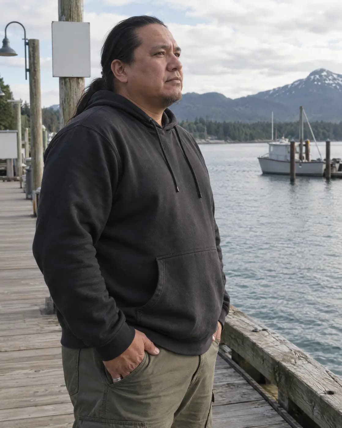 An Indigenous man, 45, stocky, long black hair tied back, silver ring stands on a pier, looking out