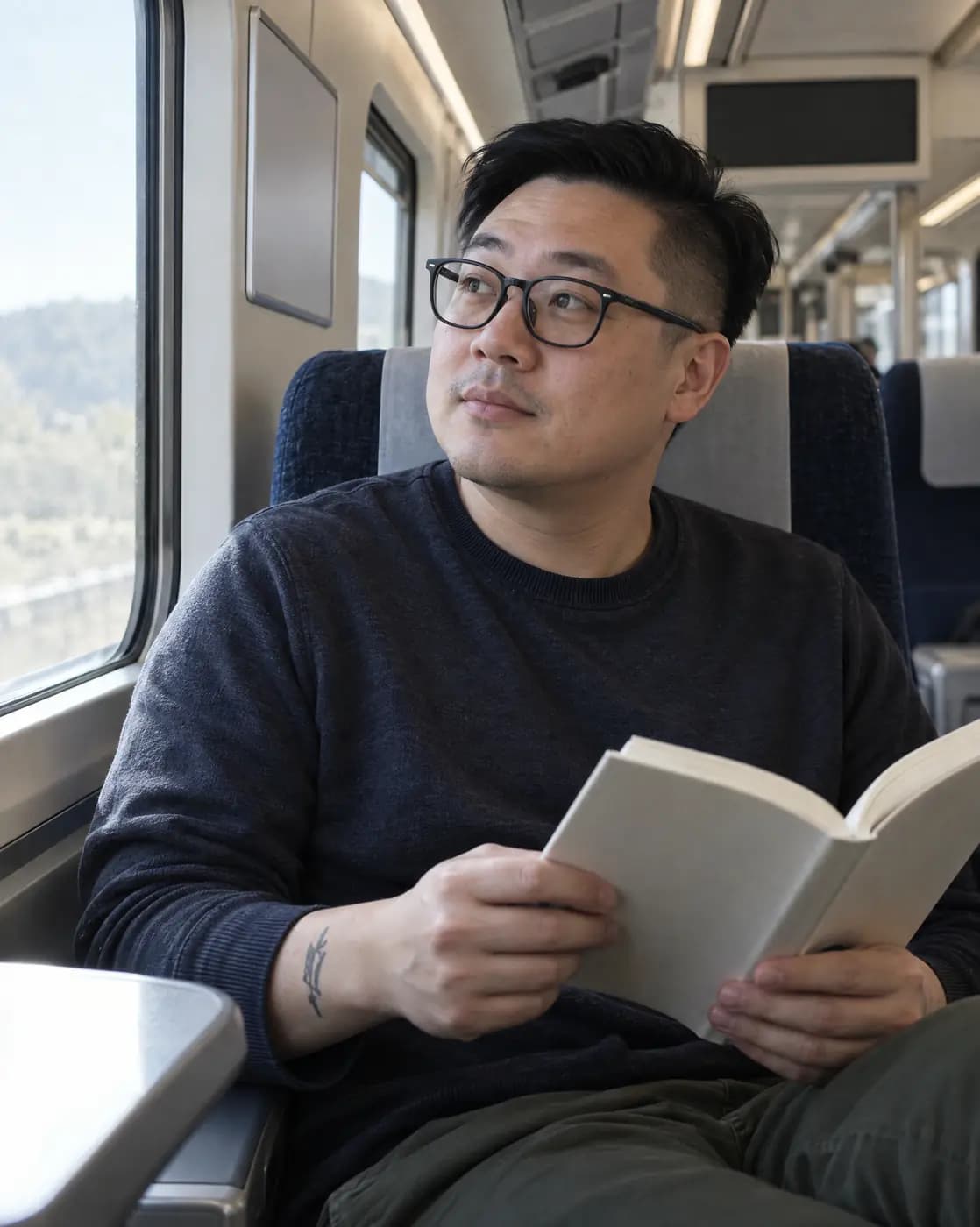 An East Asian man, 36, soft build, undercut, black-rim glasses, small tattoo on wrist looks up from a book on a train seat