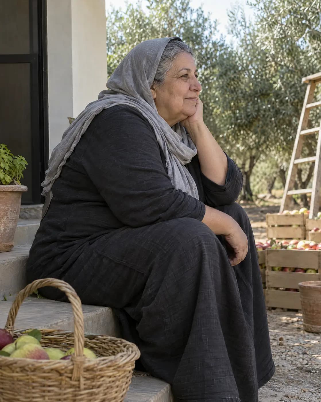 A Middle Eastern woman, 61, heavy-set, grey hair under a loose scarf, deep smile lines sits on an orchard step, listening