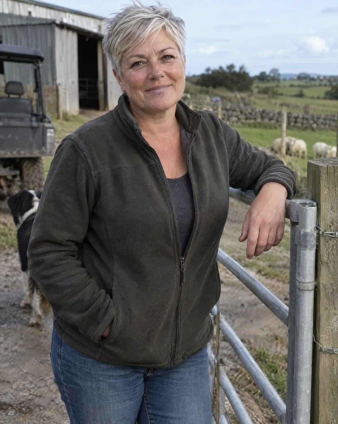 A white woman, 53, solid build, silver pixie cut, tanned, crow's feet pauses beside a farm gate
