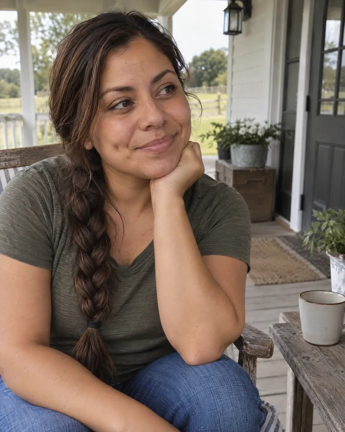 A Latina woman, 36, petite, long chestnut braid, dimpled cheeks listens on a farmhouse porch