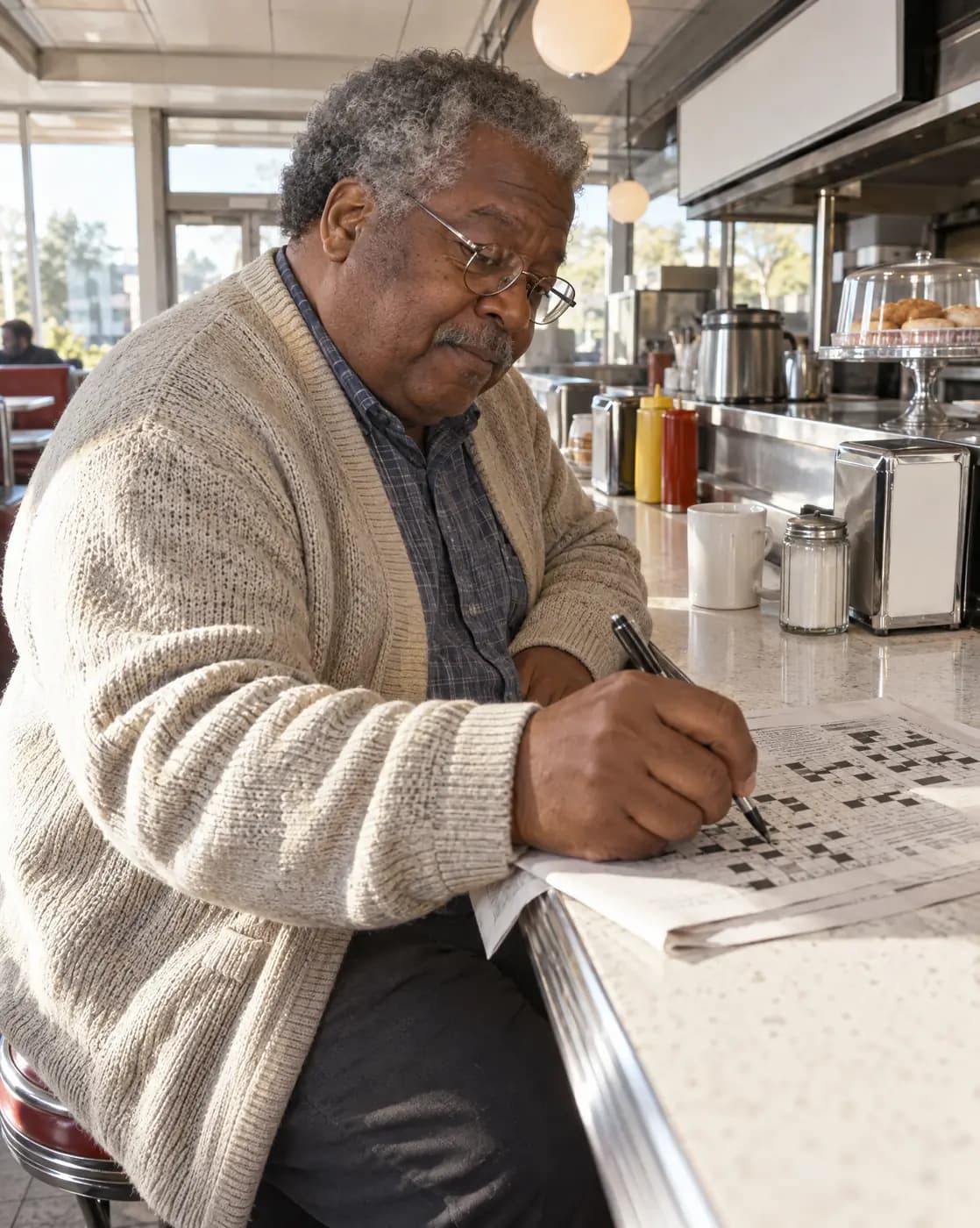 A Black man, 64, short and round, grey afro, wire spectacles, cardigan does a crossword at a sunny diner counter