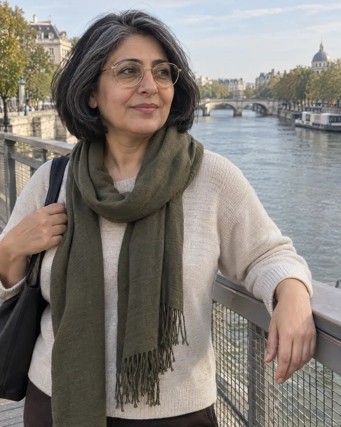 A Middle Eastern woman, 49, medium build, black bob streaked grey, gold-rimmed glasses pauses on a river footbridge