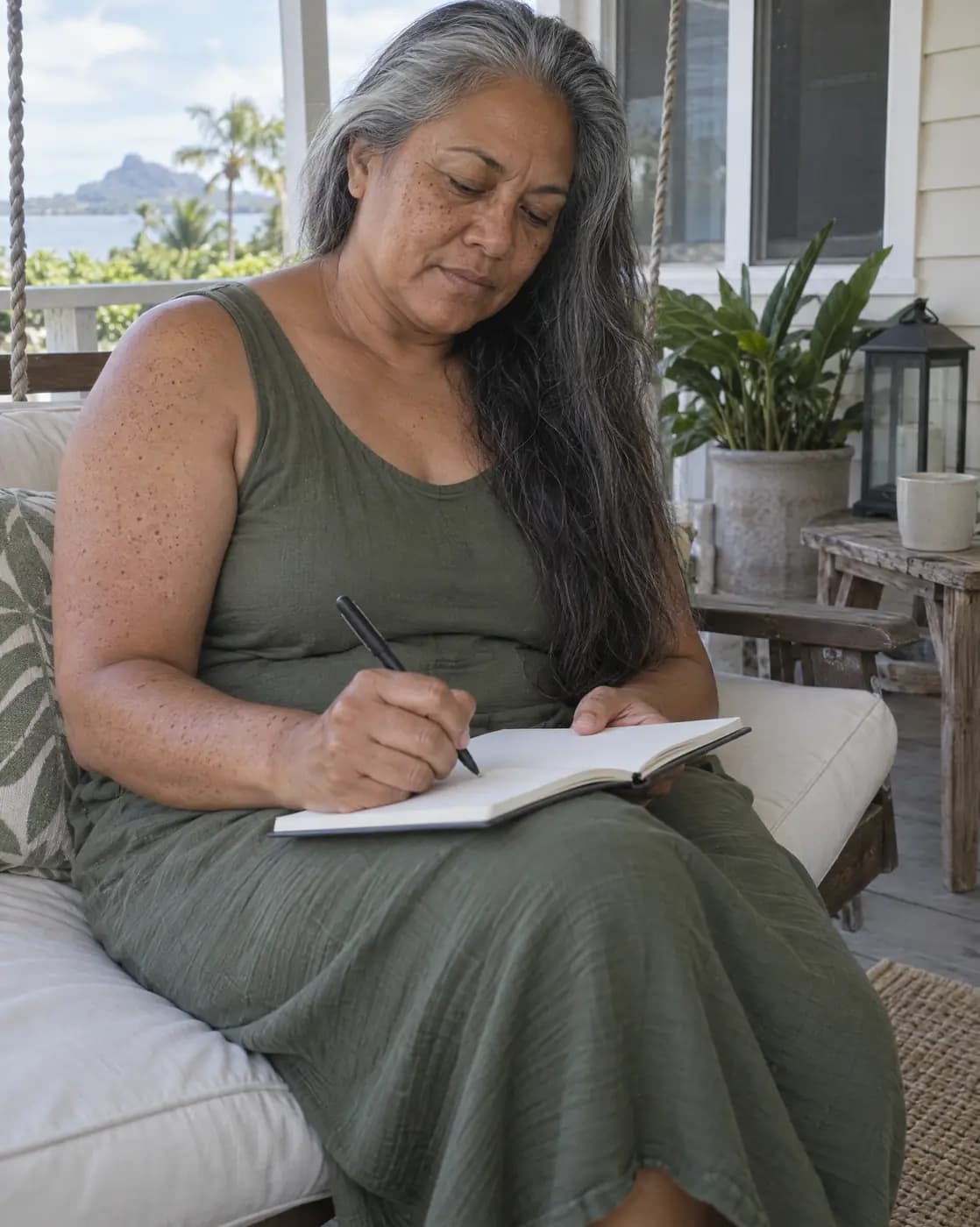 A Pacific Islander woman, 54, tall, long grey-black hair, freckled arms writes on a cottage porch swing