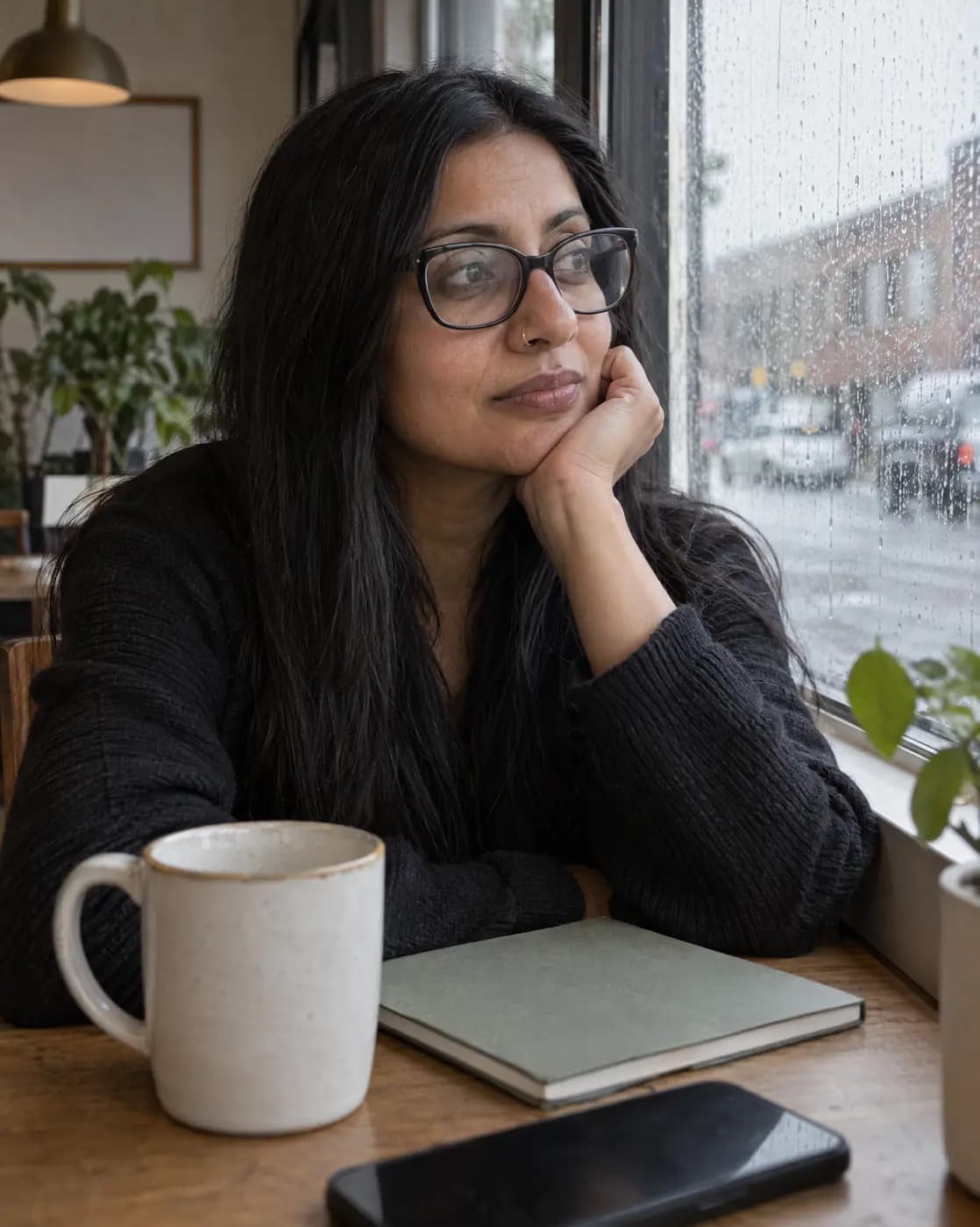 A South Asian woman, 39, slim, long straight black hair, nose ring, glasses sits by a rain-streaked window