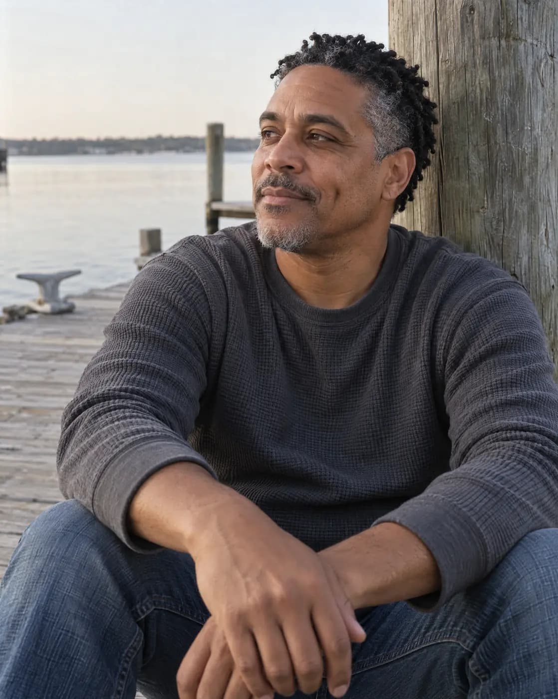 A mixed Latino and Black man, 48, medium build, short twists, greying temples, dimples listens beside a dock post