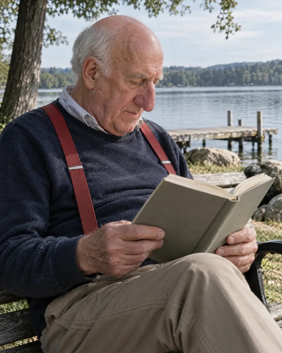 A white man, 69, lean, bald with white fringe, big nose, red braces reads on a quiet lakeside bench