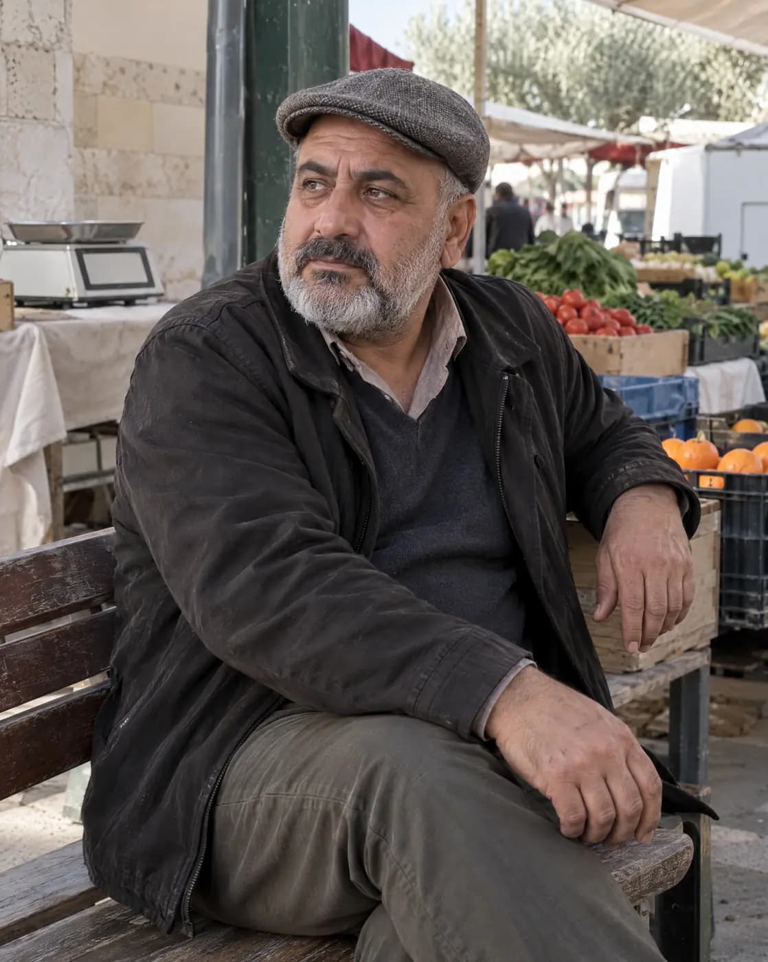 A Middle Eastern man, 57, broad, short grey beard, olive skin, flat cap sits at a market-edge bench, thoughtful