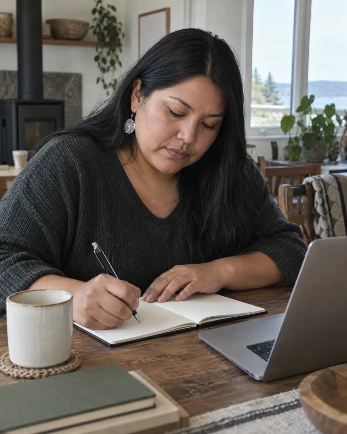 An Indigenous woman, 35, round-faced, long black hair, silver earrings writes at a plank table