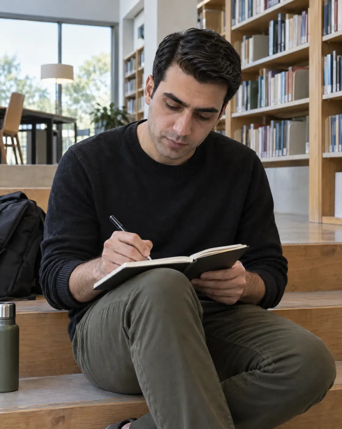 A Turkish man, 32, straight black hair in a side part, clean shaven, thick eyebrows writes in a notebook on a library step