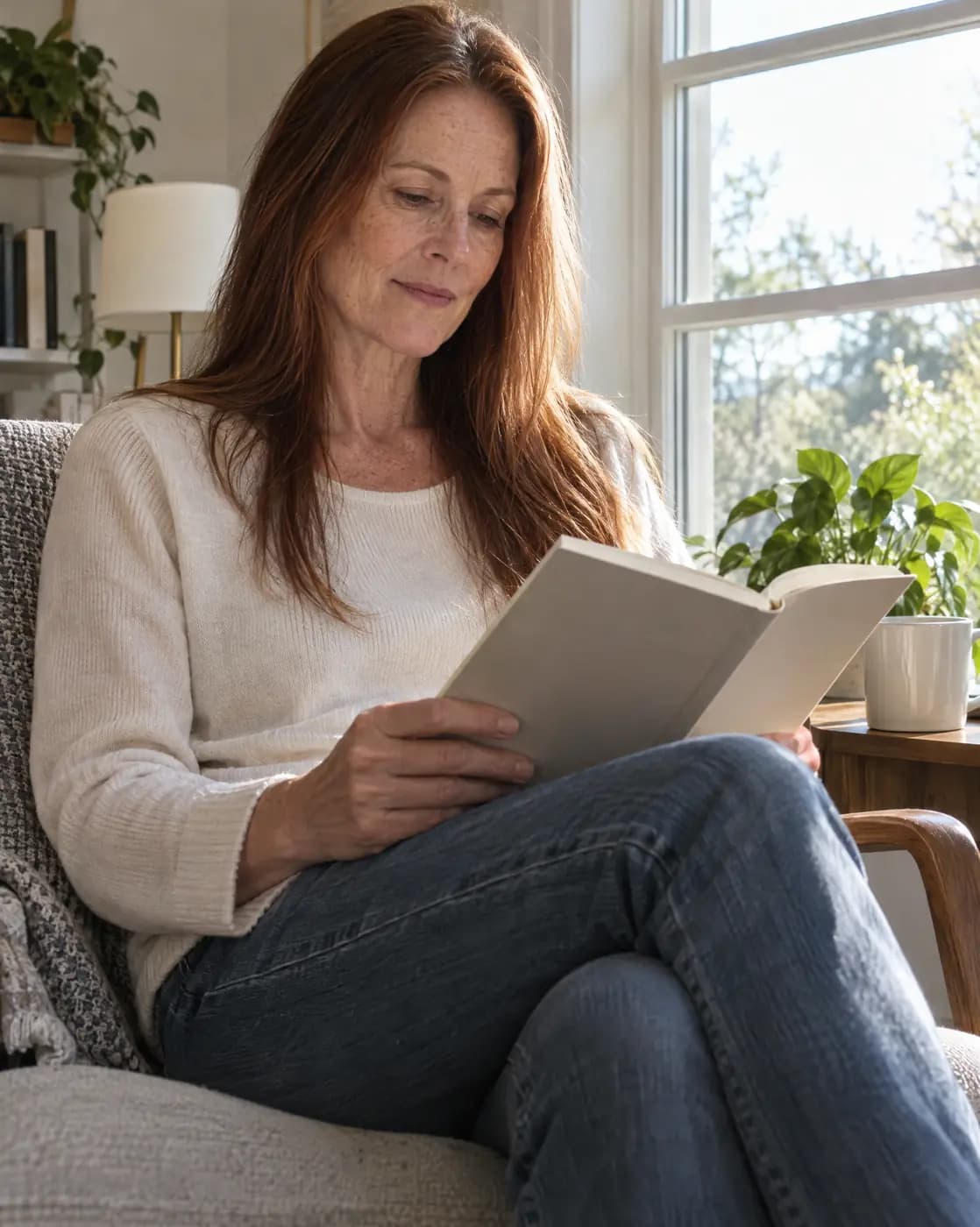A white woman, 58, tall and lean, long straight auburn hair, no glasses, faint freckles reads beside a sunlit window