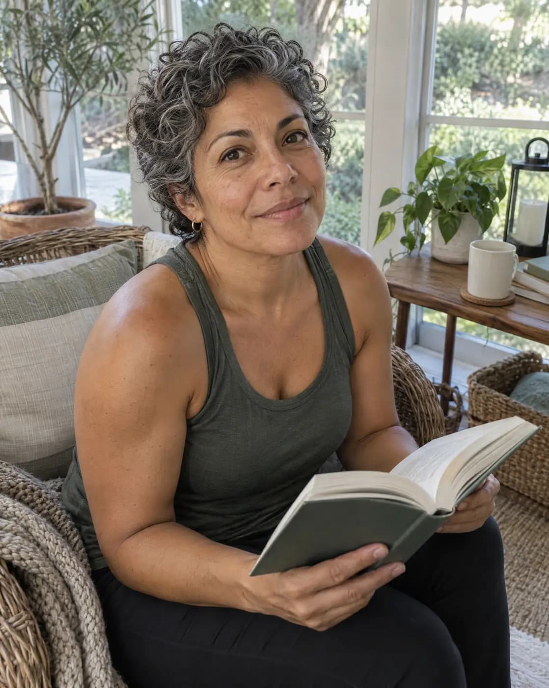 A Latina woman, 47, athletic, short salt-and-pepper curls, olive skin looks up from a book in a sunroom