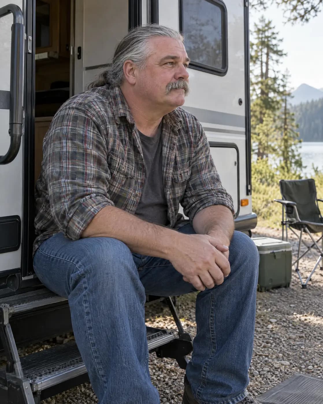 A white man, 50, big-framed, grey ponytail, bushy grey moustache, plaid shirt listens on a camper step