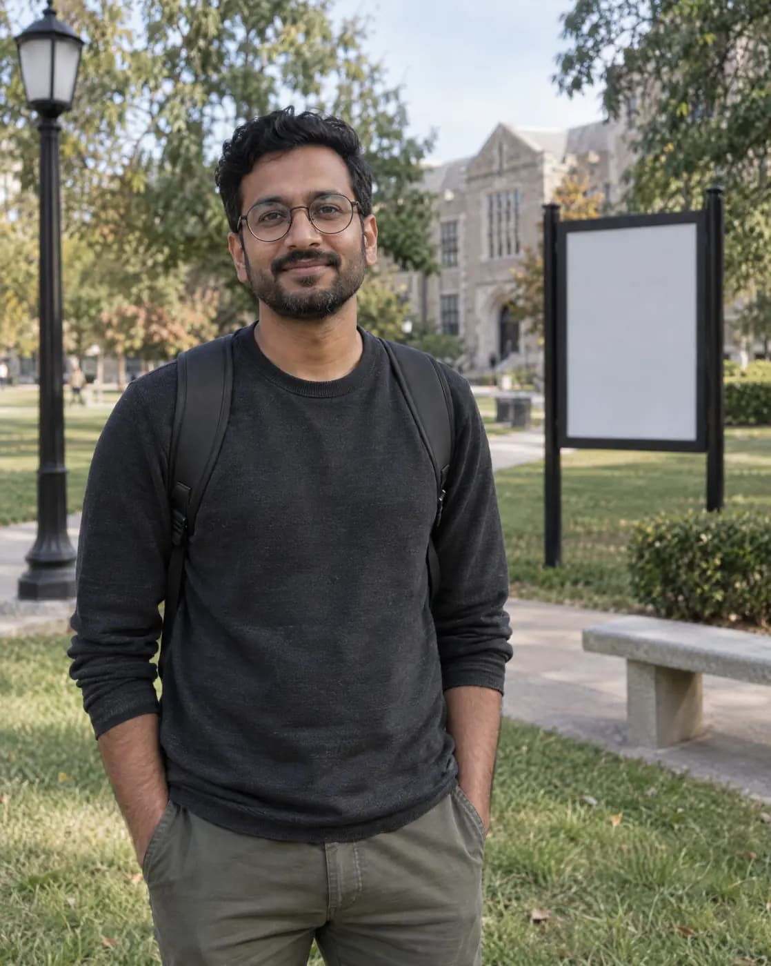 A South Asian man, 33, slim, short black hair, trimmed beard, round glasses pauses on a campus lawn