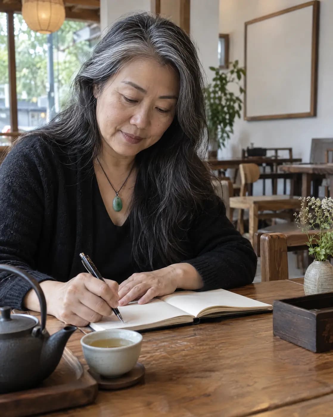 An East Asian woman, 53, medium, long silver-black hair, jade pendant writes at a tea-house table