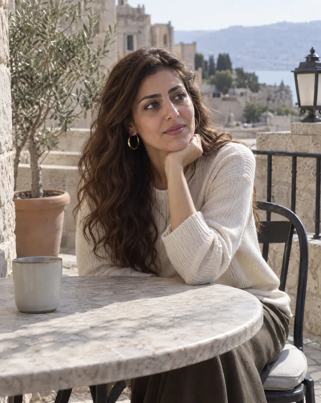 A Middle Eastern woman, 31, slender, long wavy chestnut hair, hoop earrings listens on a stone terrace