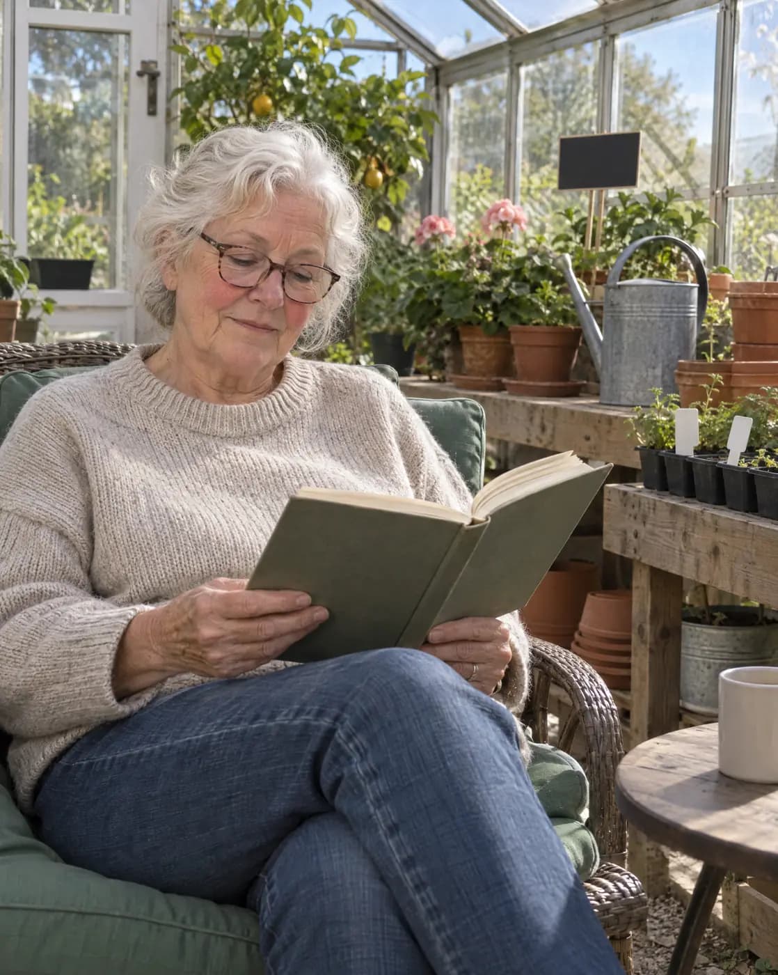 A white woman, 66, small, white wavy hair, rosy cheeks, bifocals reads in a greenhouse chair