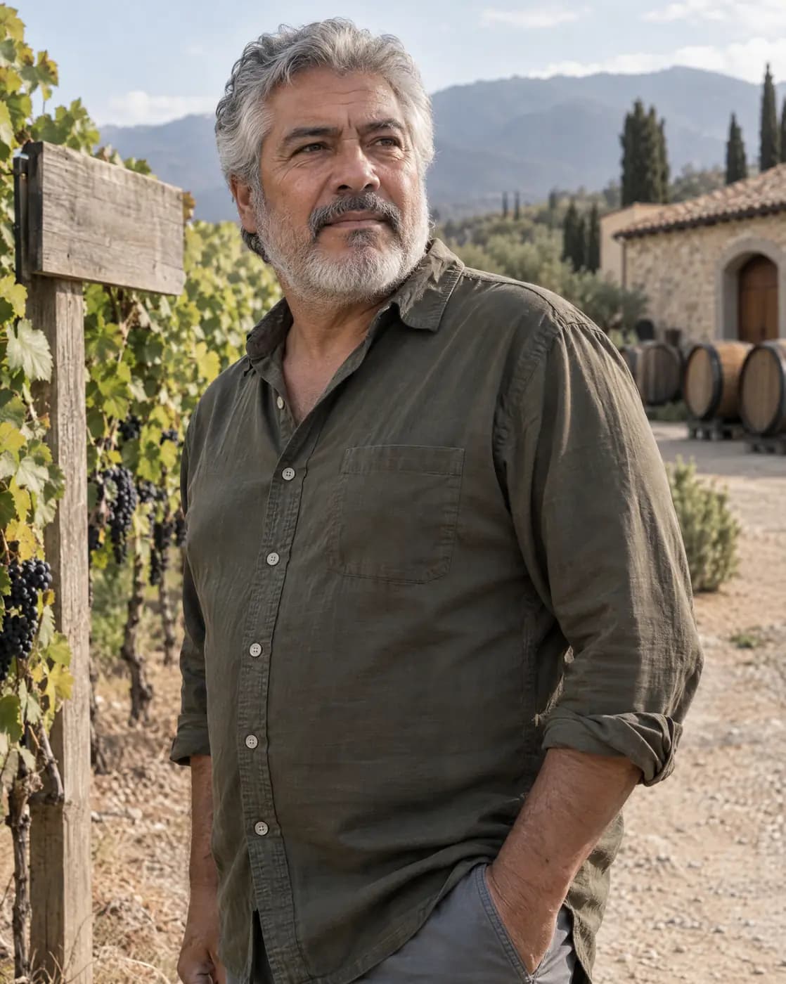 A Latino man, 60, tall, thick grey hair, trimmed grey beard, sun-lined neck pauses on a vineyard path