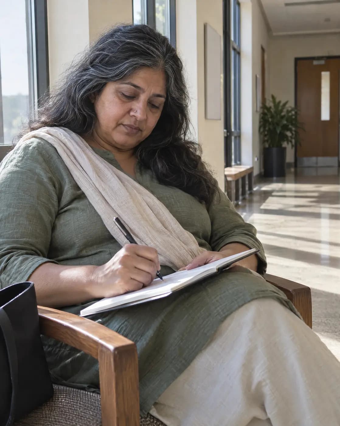 A South Asian woman, 51, full-figured, thick black hair with grey streaks, nose stud writes in a sunny hallway chair