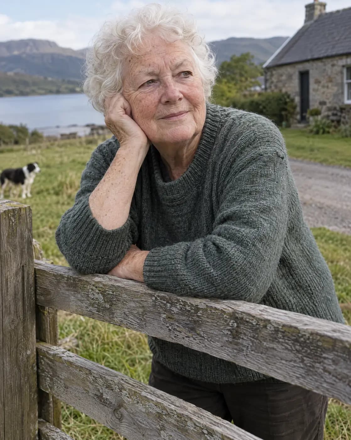 A Scottish woman, 67, small build, short white curls, fair freckled skin rests on a split-rail fence, listening