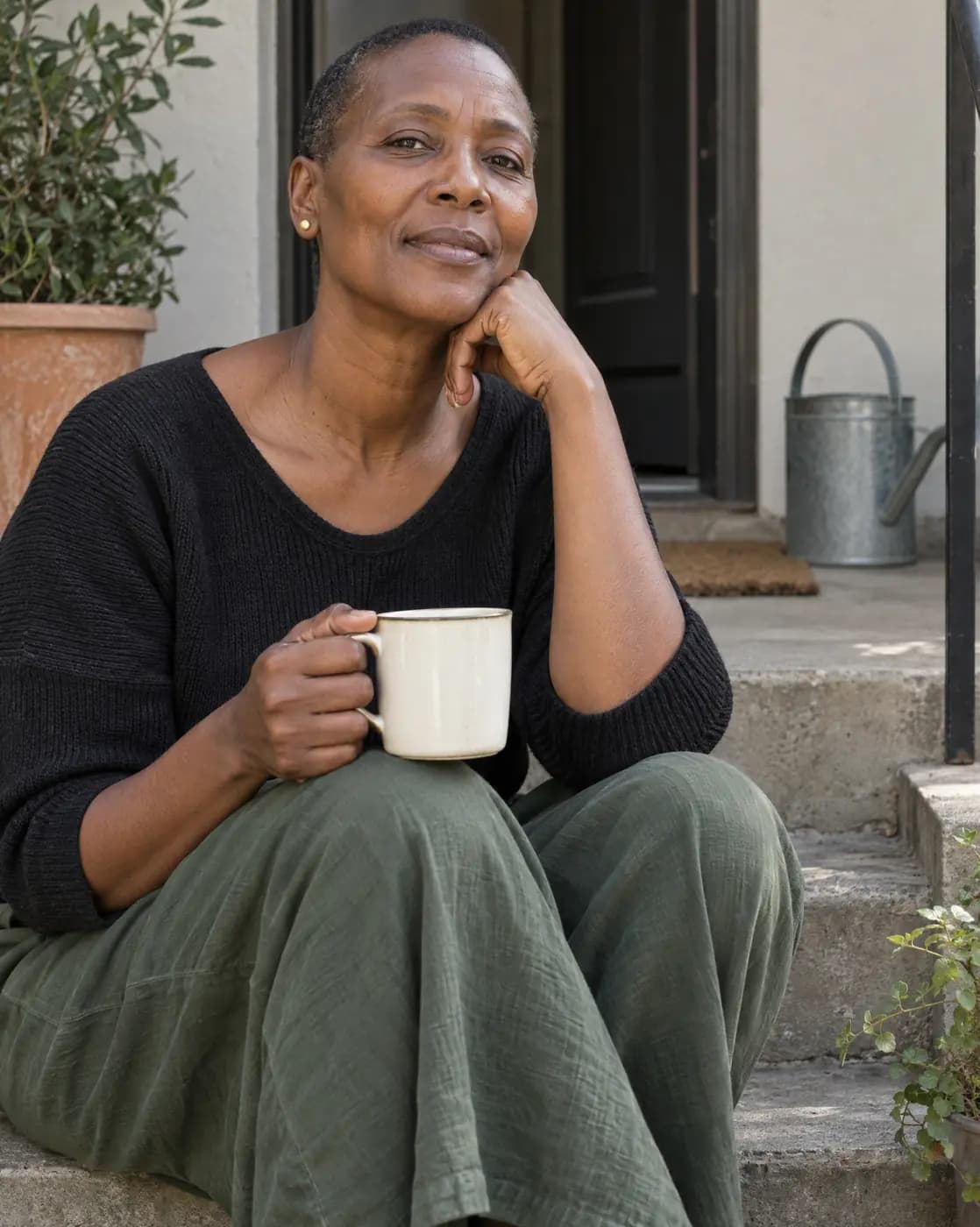 An East African woman, 52, close-cropped hair, gold stud earrings, long neck sits on a back stoop with tea