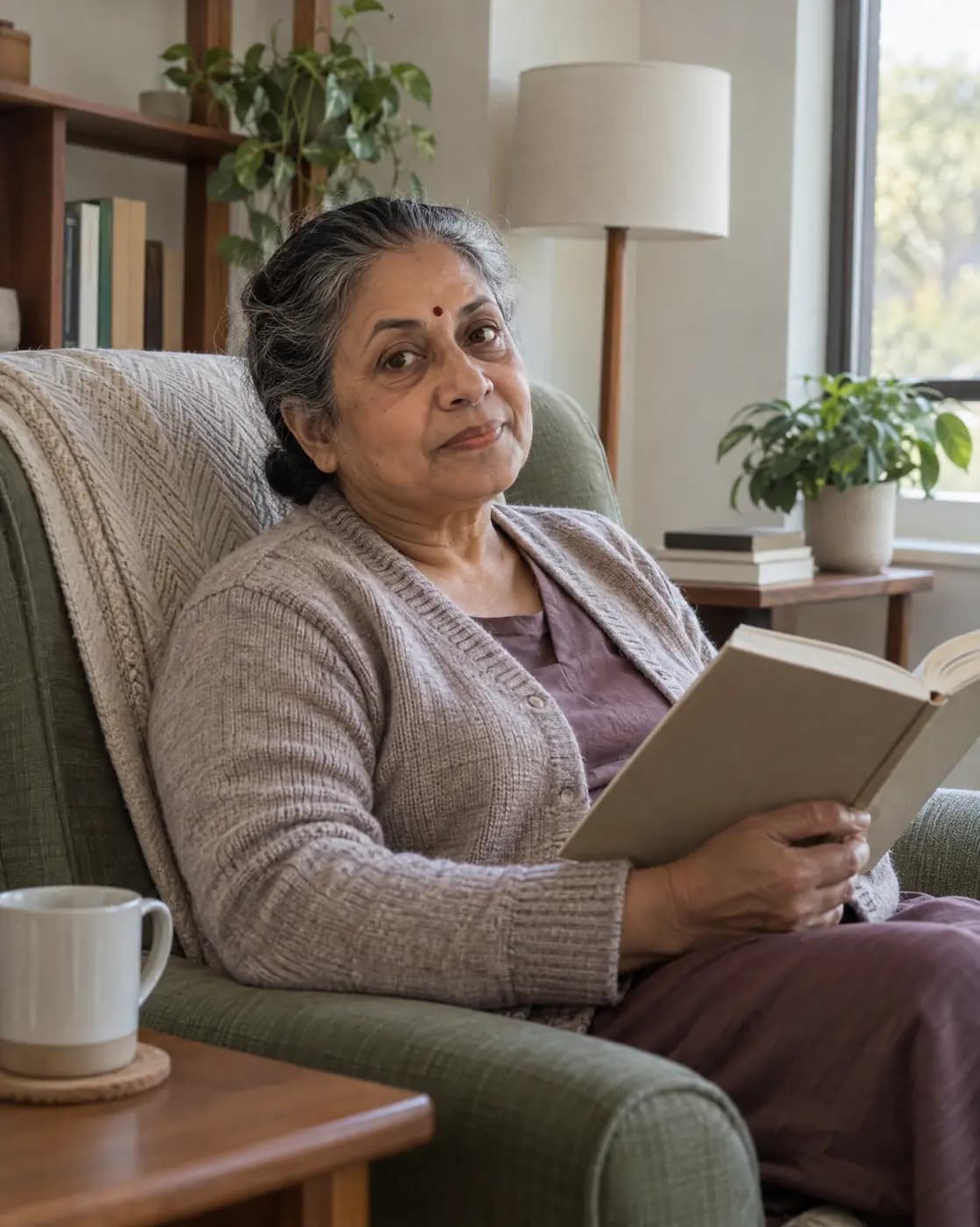 A South Asian woman, 59, soft build, silver-streaked bun, bindi, cardigan looks up from a book in an armchair