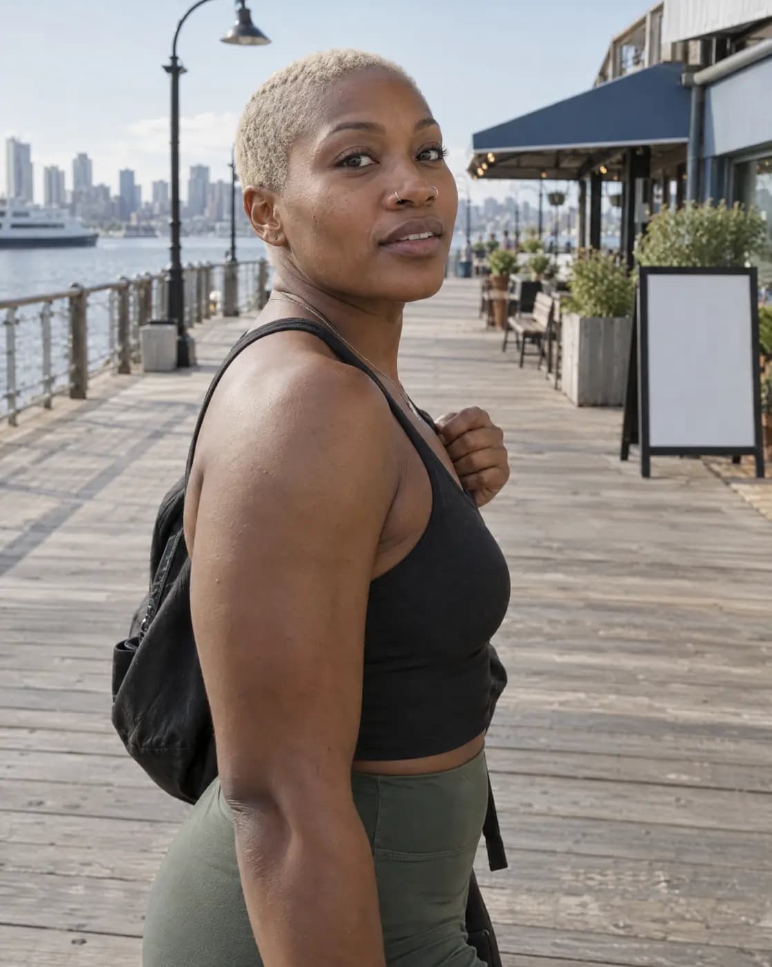 A Black woman, 34, athletic, short bleached buzz cut, small nose ring pauses mid-walk on a boardwalk