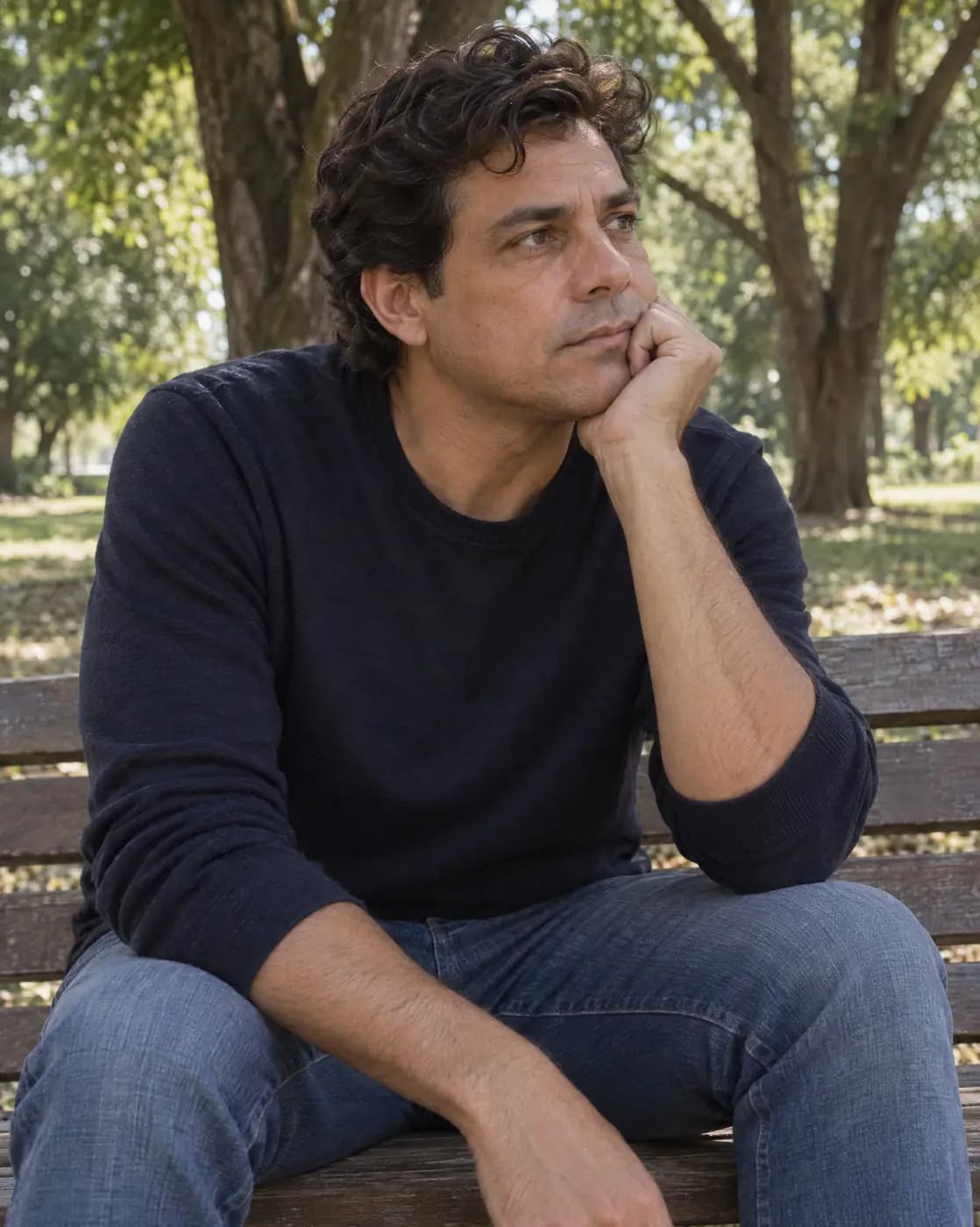 A Brazilian man, 46, thick wavy brown hair, clean shaven, olive skin, sits alone on a wooden park bench under trees, no street furniture in view,,…