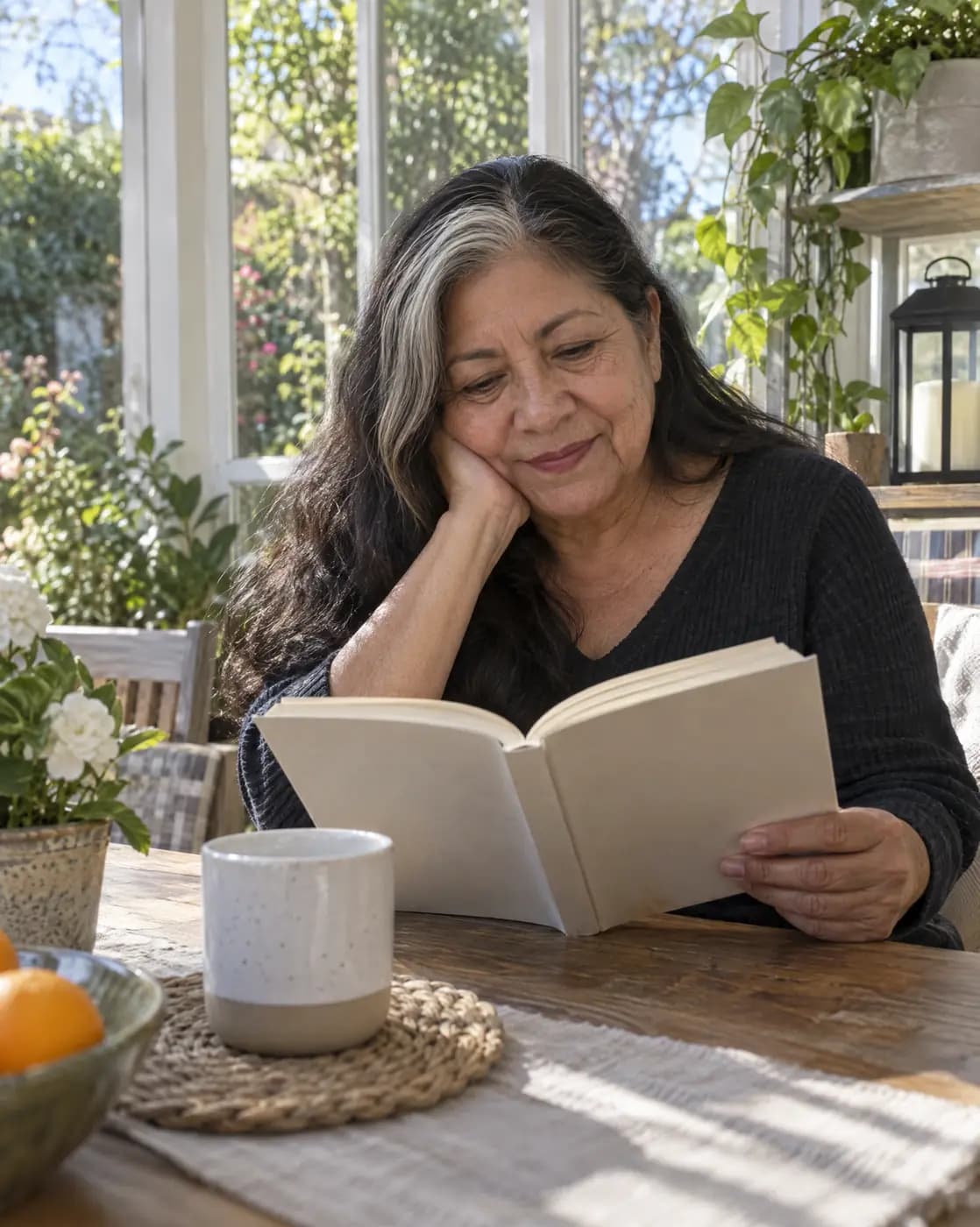 A Mexican woman, 62, long dark hair with a white streak, no glasses, laugh lines reads at a sunny conservatory table