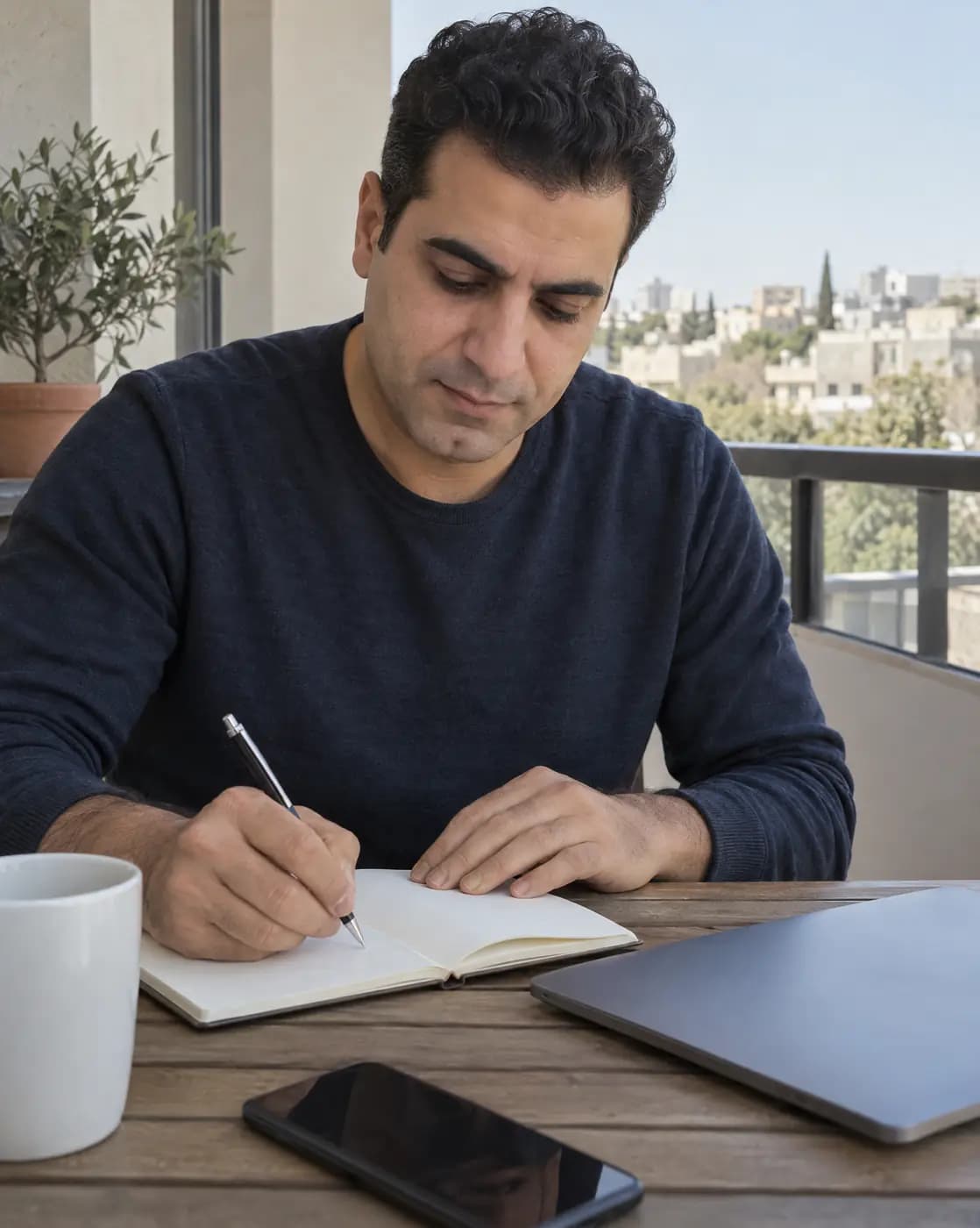 A Middle Eastern man, 38, medium build, thick eyebrows, clean-shaven, dimpled chin writes at a balcony table
