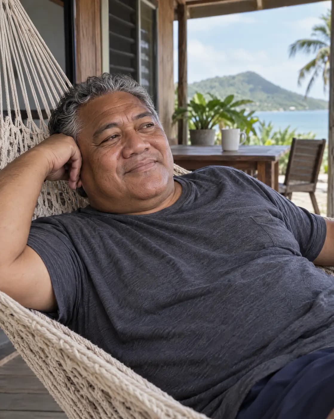 A Pacific Islander man, 57, large and solid, grey-streaked hair, kind eyes listens from a hammock