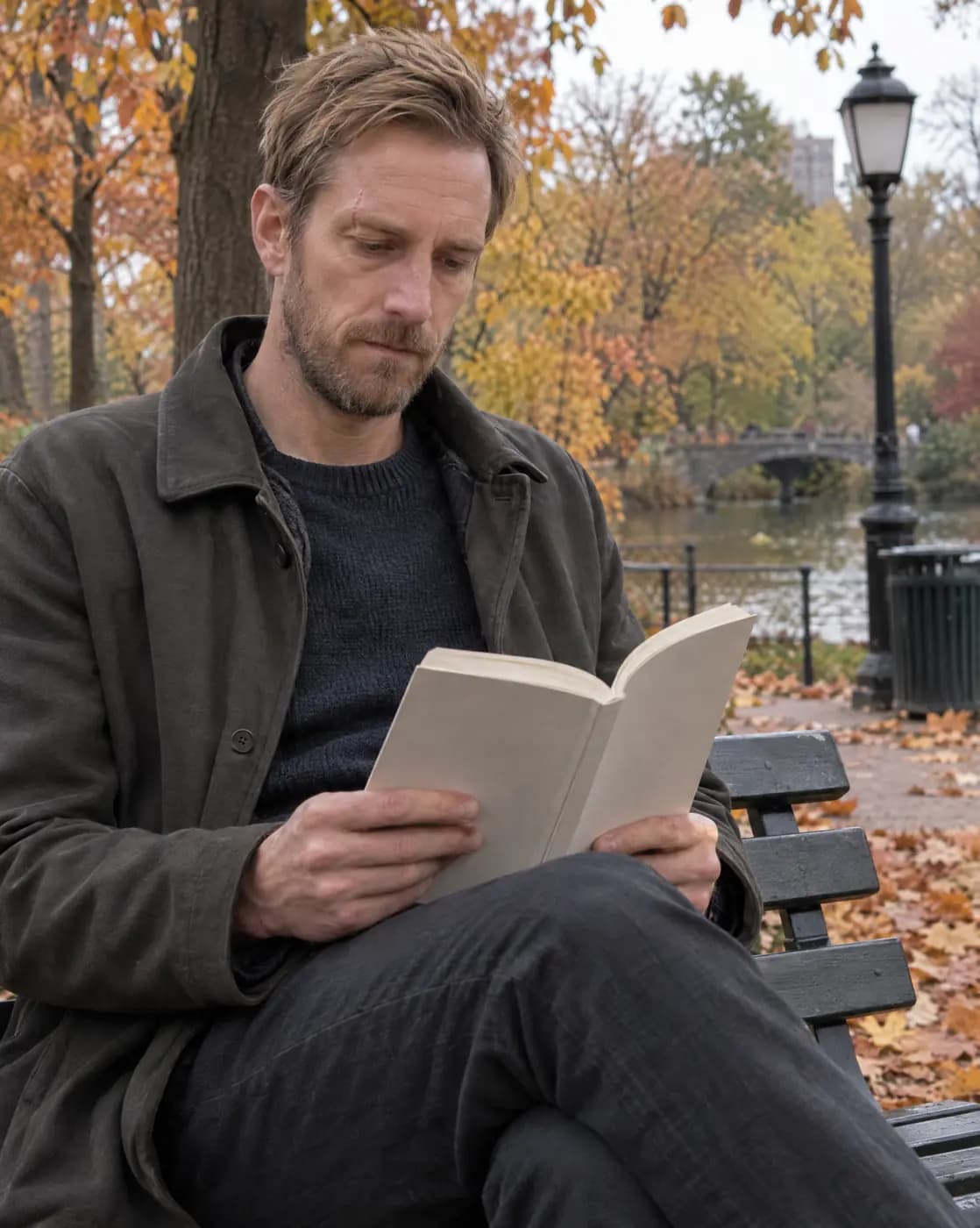 A white man, 41, tall and thin, sandy beard, scar through one eyebrow reads on a park bench in autumn