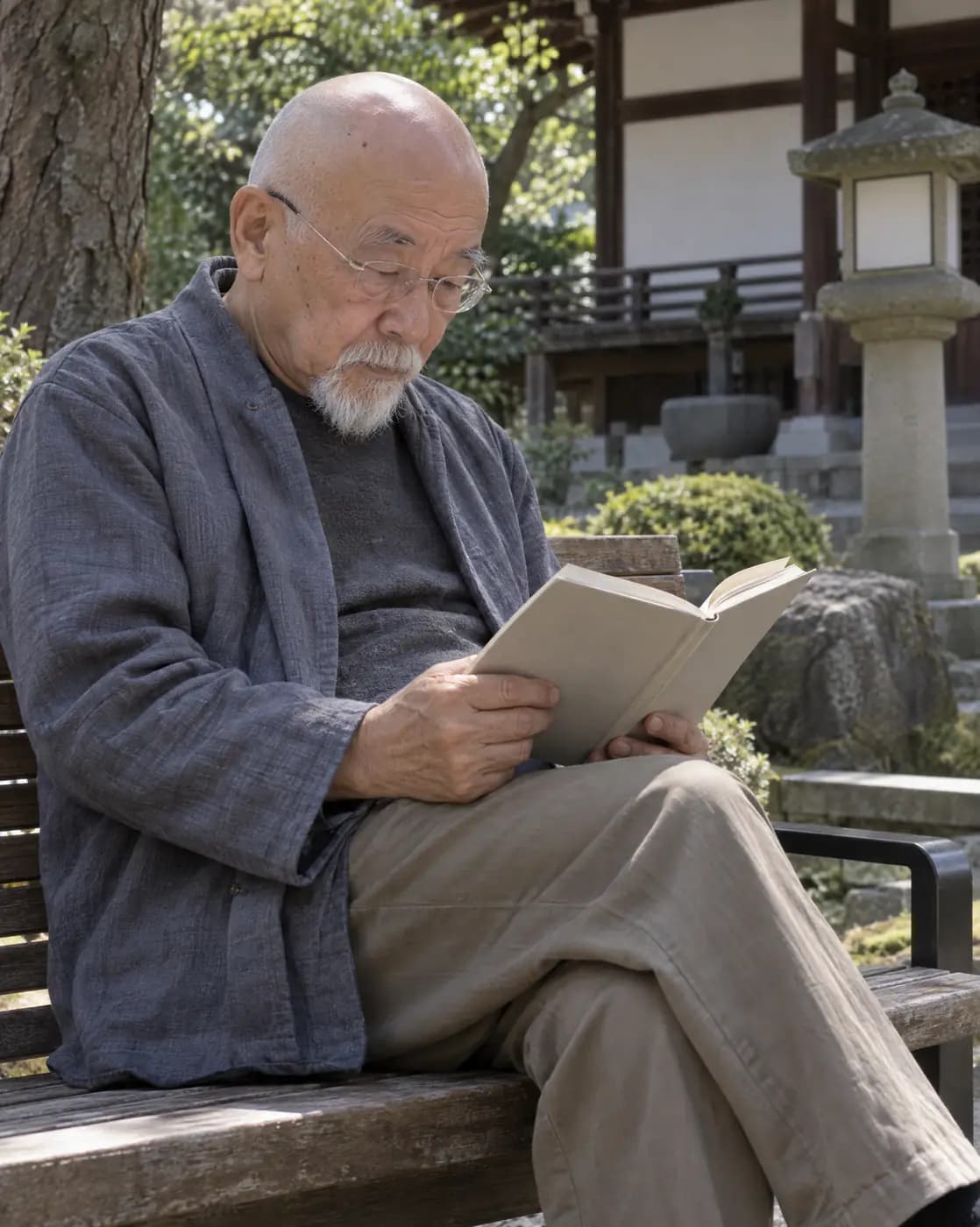 An East Asian man, 67, small, bald, white goatee, rimless glasses reads on a temple-garden bench