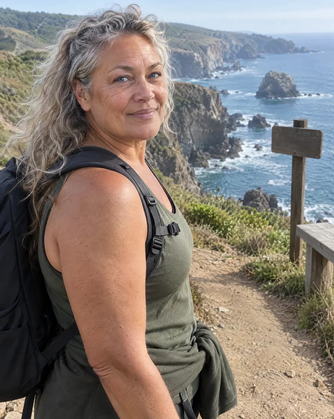 A mixed Pacific Islander and white woman, 56, strong build, wavy grey-blonde hair, blue eyes pauses on a cliff path