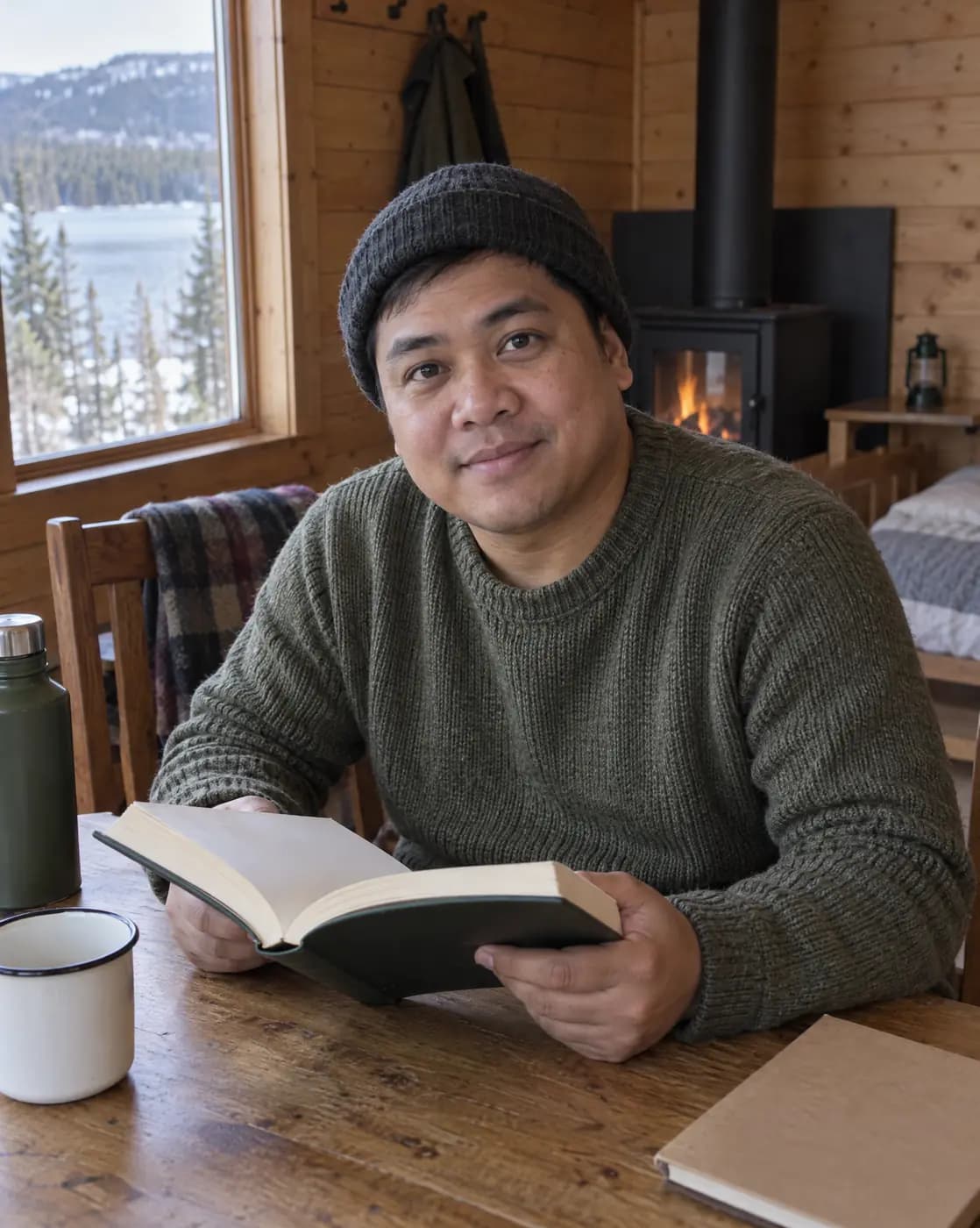 A Filipino man, 35, round face, clean shaven, short black hair, wool cap looks up from a book in a cabin