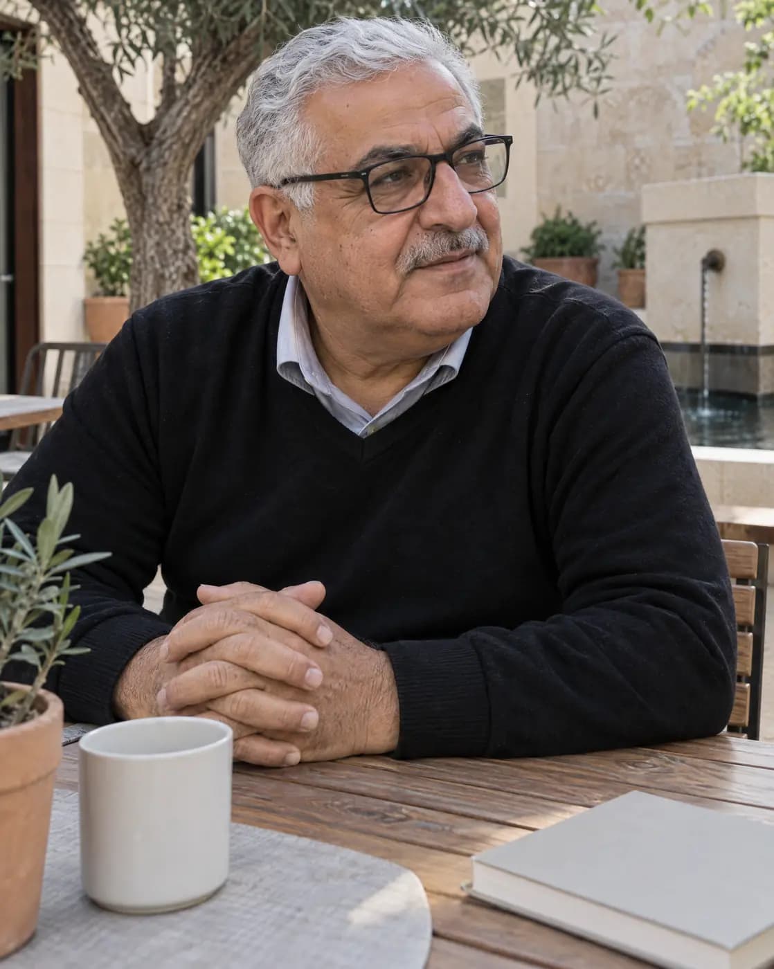 A Middle Eastern man, 66, stout, silver hair, black-rim glasses, hands folded listens at a courtyard table